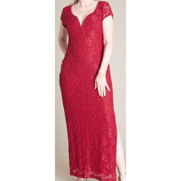 CONNECTED APPAREL 6P petite red lace sequin cap sleeve party maxi dress NWT B83 - Picture 1 of 8